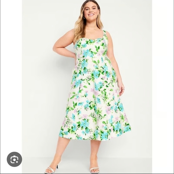 Old Navy Dresses & Skirts - OLD NAVY Fit & Flare Linen-Blend Midi Dress White Floral Size XL